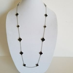 Silver long necklace,  black enamel clover